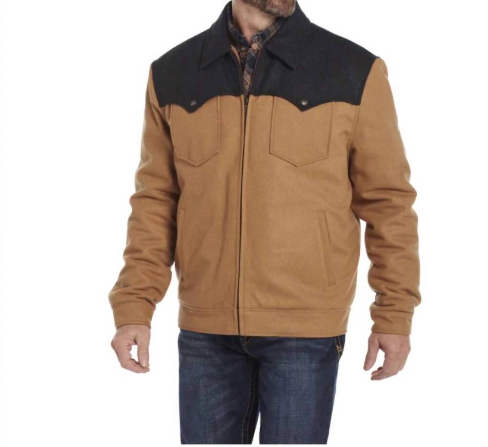 NEW CRIPPLE CREEK men's two toned wool melton zip front ranch jacket in camel